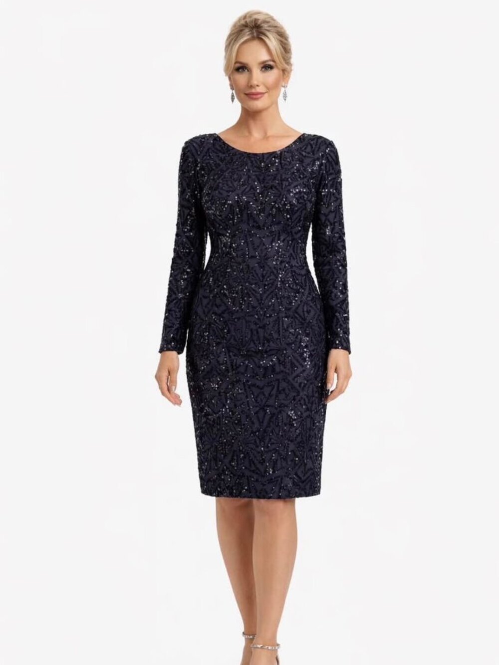 DRESS THE POPULATION Navy Beaded Cocktail Dress - Retails New $254 - Size L (10)